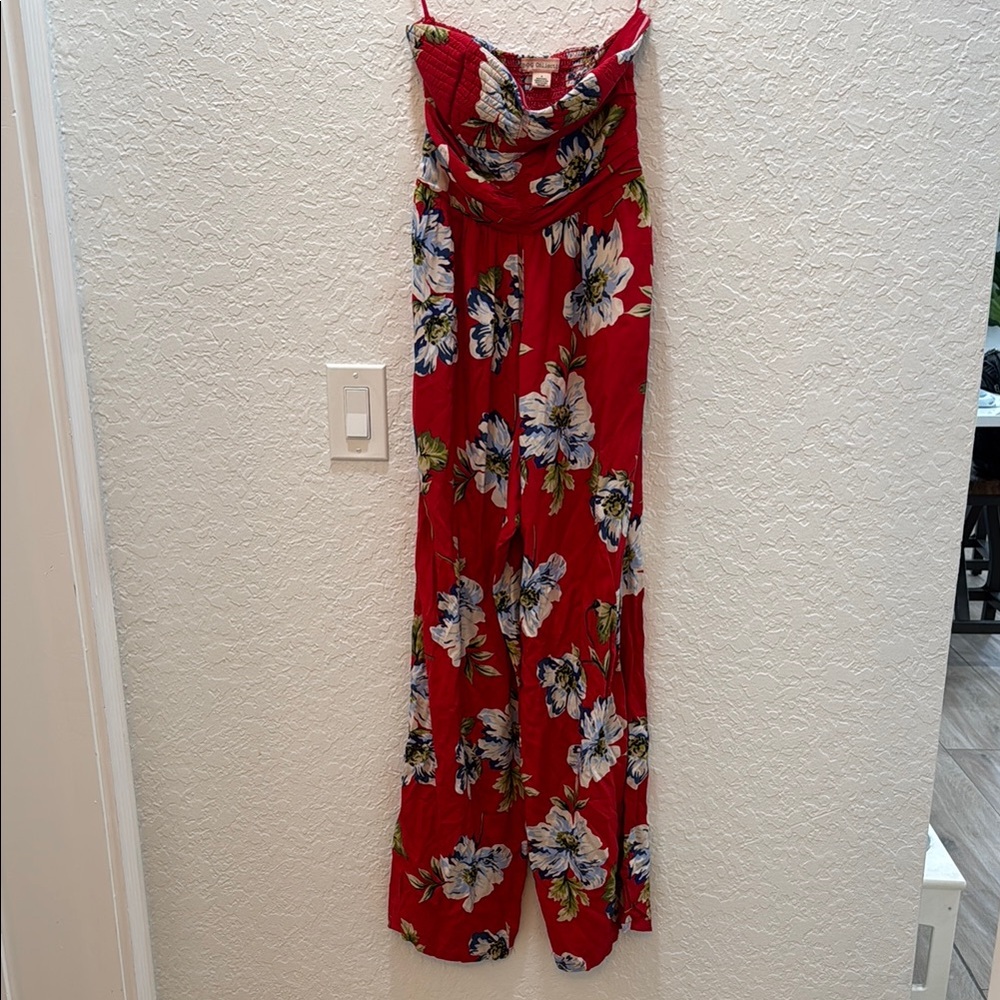 BOG Collection Strapless Pant Jumpsuit with Pockets Tropical Red Floral Print S